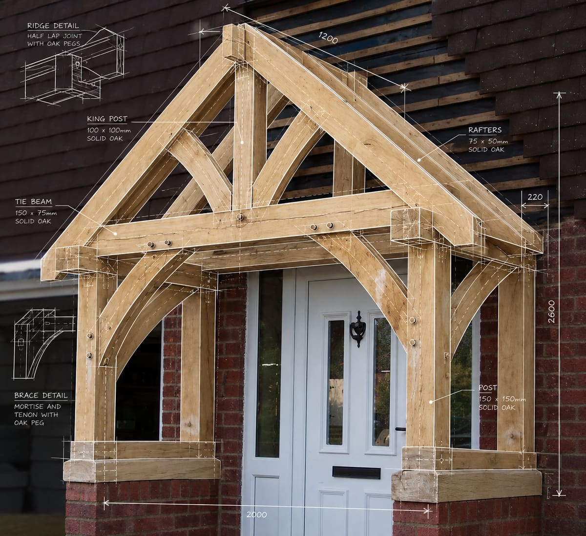 Oak framed entrance canopy with technical drawing overlay